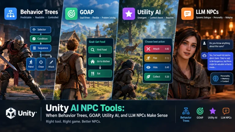 Unity AI NPC decision-making systems compared: behavior trees, GOAP, Utility AI, and LLM NPCs